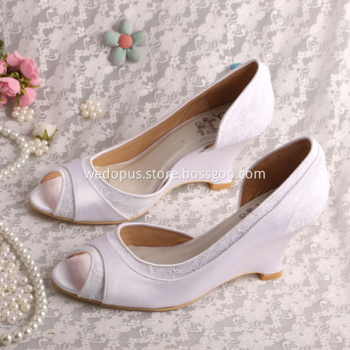Peep Toe Lace and Satin Wedge Wedding Heels